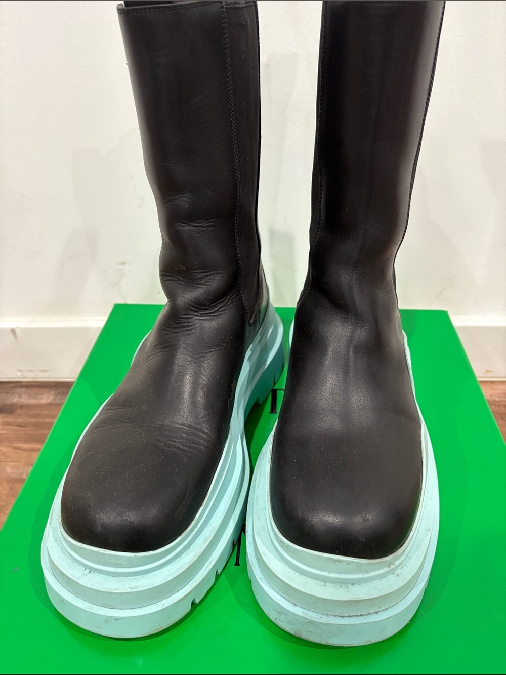 Bottega Veneta Black Leather Boots with Mint Green Platform